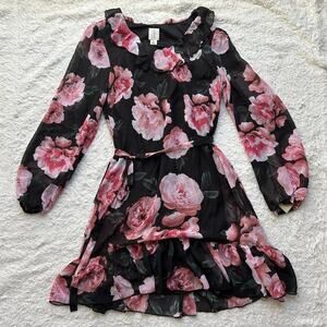 Joie Black and Pink Floral Ruffle Mini Dress Size Small